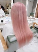 ストレートロング　ハイトーンカラーピンクベージュWカラー