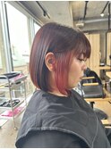 ボブカットチェリーレッドインナーカラーケアブリーチ