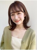 ミディアムくびレイヤーハッシュカットフルバング前髪パーマ