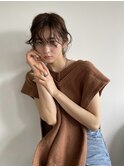 レイヤーミニウルフチェリーブラウンショート美髪前下がりボブ