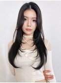ロング顔周りレイヤー韓国ヘア暗めカラー_F20555