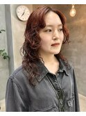 オレンジ　ミディアムレイヤーパーマ　くるくる　スパイラル