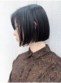 ブルーブラックワンレンボブ_耳かけウェーブパーマ_ba289281
