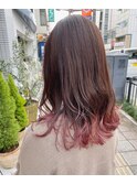 エンドカラーピンク＋裾カラー＋ウェーブ巻き＋ピンクブラウン