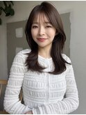 ミルクティーベージュシースルーバングシニヨンクラゲヘア