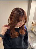 ダブルカラーオレンジカシスブラウン顔まわりレイヤーカット韓国