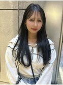 暗髪黒髪ダークブルーワンホンレイヤー小顔前髪デジタルパーマ
