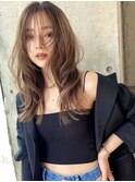 韓国ヘアレイヤーロンググレーベージュ前髪パーマ黒髪