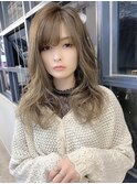 【shige】アッシュブラウンネオウルフ毛先パーマ外ハネロング