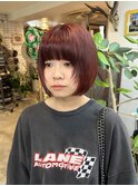ボブスタイル/赤髪/レッドカラー/ボブパーマ/くるくるパーマ
