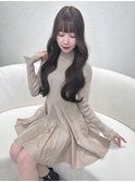 小顔薄めバンググレージュレイヤーロング前髪パーマ黒髪