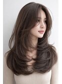 韓国風レイヤー顔回りカットロングレイヤーダークブラウン