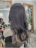 黒髪/グレーベージュ/レイヤーロング/前髪パーマ