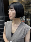ボブスタイル黒髪切りっぱなし髪質改善前髪カット