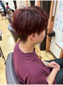 ハンサムショートチェリーレッド白髪ぼかし立体感40代50代