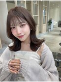 小顔薄めバンググレージュレイヤーロング前髪パーマ黒髪