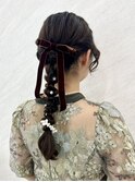 編みおろし/結婚式/ヘアセット/パールピン/リボン