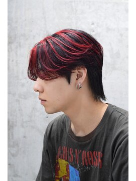 メンズオルズ 渋谷(MEN'S ALLZ) レッドハイライトカラーセンターパートウルフフェザーパーマ