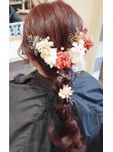 ボリューム編み下ろしお花ヘア結婚式 お呼ばれヘア二次会ドレス