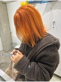 ケアブリーチオレンジベージュハイトーンボブダブルカラー前髪
