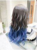 毛先ブルーカラーバター☆アッシュグレーグラデーションカラー