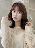 韓国くびれミディアムレイヤーカットレッドカラーピンクブラウン