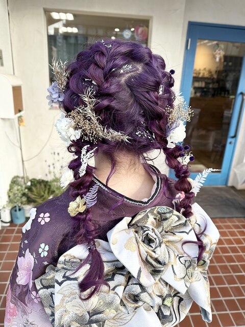 ツインテール 編み込み ブリーチ ラベンダーカラー ヘアアレンジ