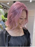 渋谷ピンクベージュカラーペールピンクカラー顔周りレイヤー30代