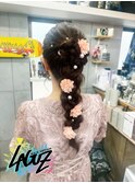 【ヘアセット】フラワーパール×編み込みローポニー
