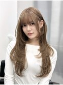 小顔ロングレイヤーカット顔周り冬グレージュカラー透明感カラー
