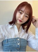 レイヤーカット　外はね　ラズベリーピンク　暖色カラー