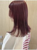 ピンクカラー 顔まわりレイヤー ミディアムストレート