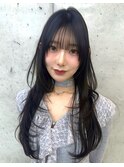美髪ハッシュカットブルーブラック韓国レイヤーロング顔周り前髪