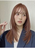 ピンクオレンジ血色アップ艶感アップヘアカラーシースルーバング