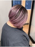 バレイヤージュパープルカラーケアブリーチダブルカラーボブ