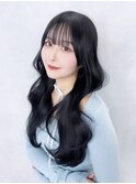 ロング前髪カット黒髪顔周りレイヤー_F30692