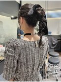 編みおろし/ポニーテール/ベロアリボン/ゆるふわ/お呼ばれヘア