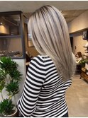 バレイヤージュ、ハイライト、レイヤーロング、グレーベージュ