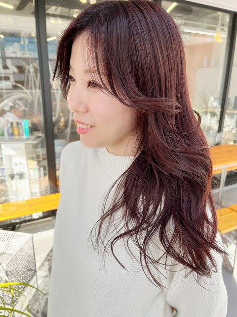 ◯韓国レイヤーカット　レッドブラウン　赤髪　フェミニンロング