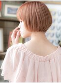 ★斜めバング艶感ピンクベージュ前下がりミニボブ20代30代★10
