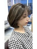 大人可愛いレイヤーボブハイライト長め前髪かきあげヘア恵比寿