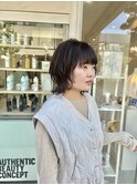 プチウルフ×ぱっつんワイドバング×暗髪ナチュラルブラウン
