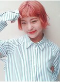 ピンク髪ボブルフネビージュ小顔ヘアワンレン