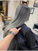 バレイヤージュ、ハイライト、レイヤーロング、グレーベージュ