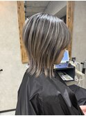 バレイヤージュ、ハイライト、レイヤーロング、グレーベージュ
