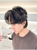 メンズハイライトメッシュホワイトセンターパートグレージュ