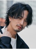 渋谷ルーズパーマメンズカット波巻きパーマセンターパートウルフ