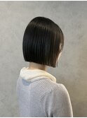 黒髪切りっぱなしボブ/船橋/くすみベージュ/細めハイライト