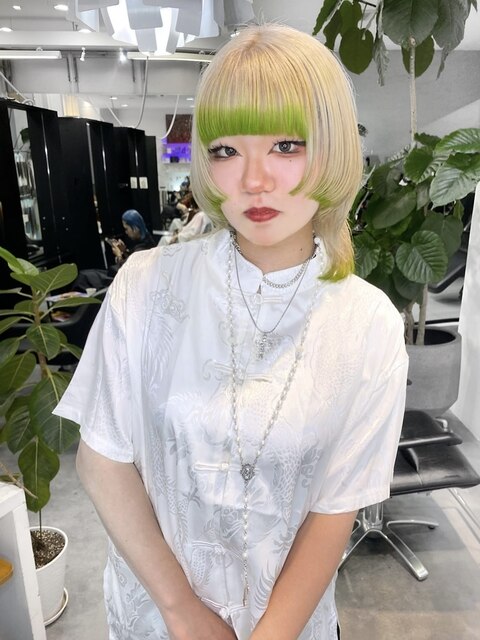 【RITZY】beige×neon green☆エンドカラー☆裾カラー☆ウルフ