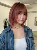 レイヤー外ハネボブイメチェンワイドバング美髪チェリーレッド1